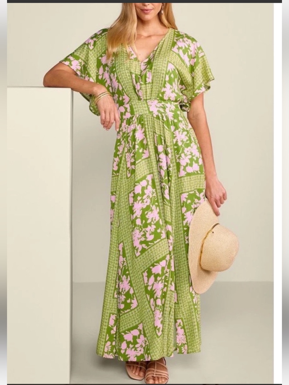 Soft Surroundings Olive Green and Blush Floral bohemian maxi dress size M